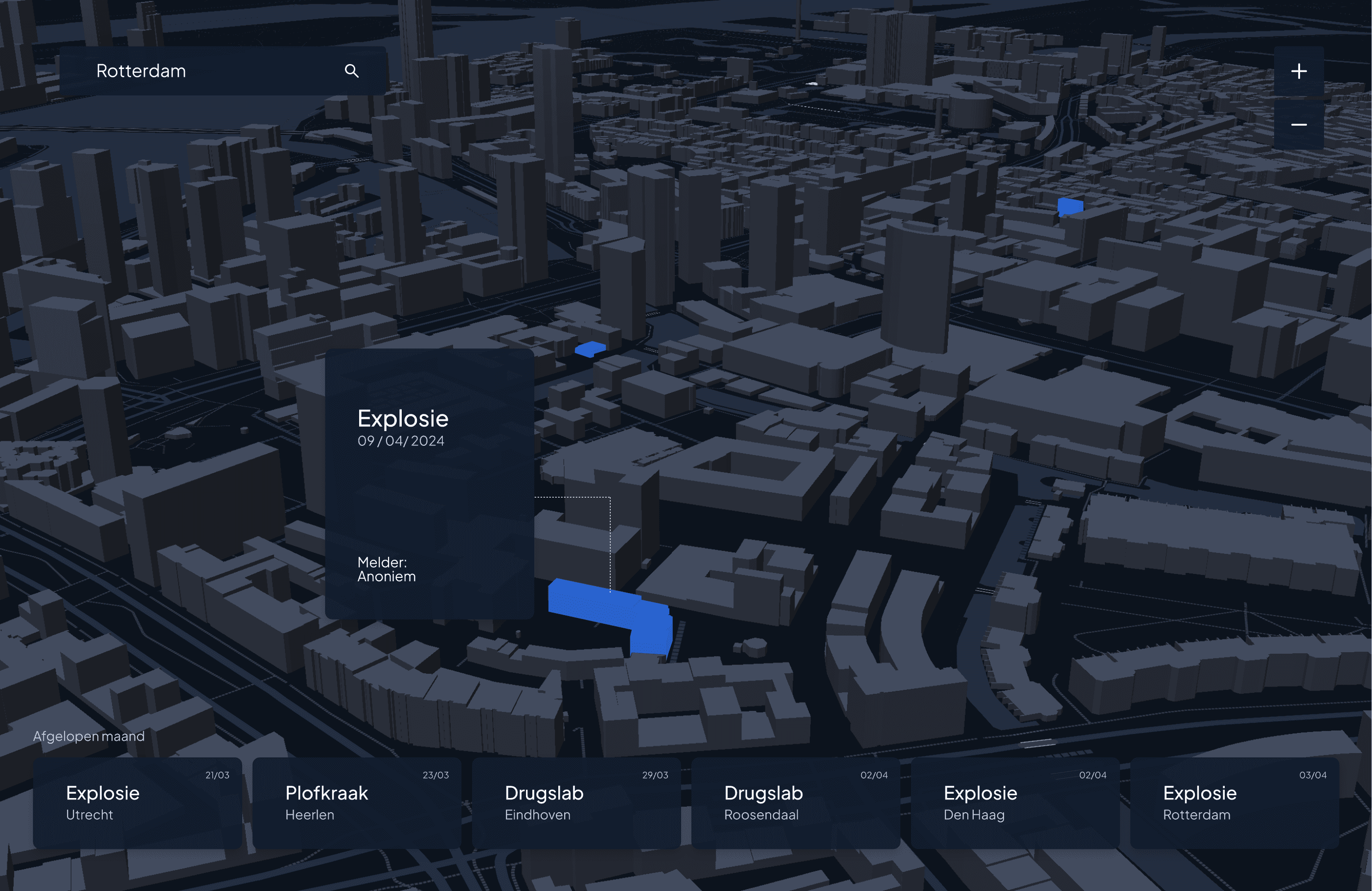 3D kaart met gebouwen en locatie van explosies